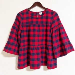 Hanna Andersson Peplum Bell Sleeve Buffalo Plaid Flannel Top